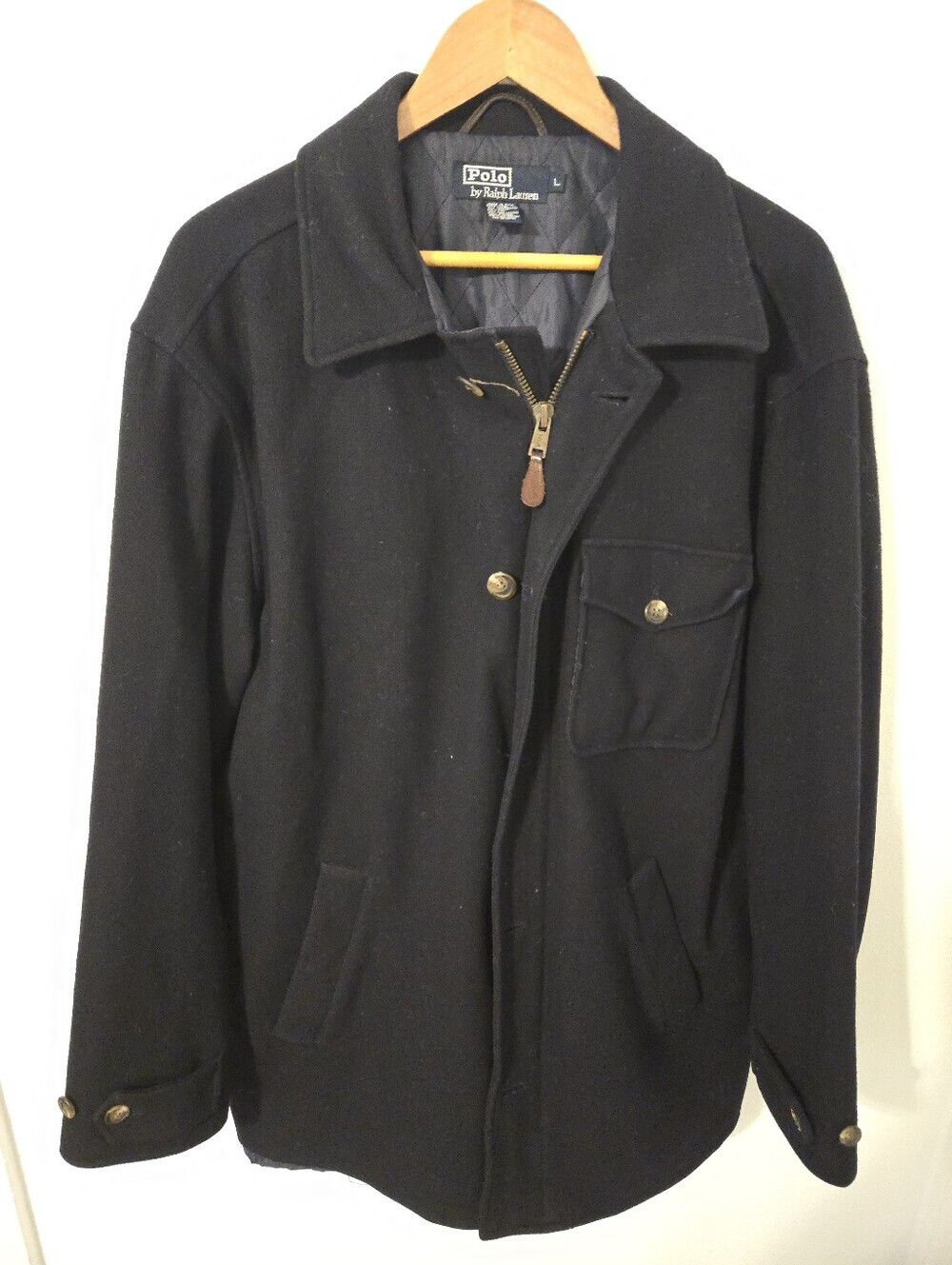 Ralph Lauren Polo Wool Jacket Mens Large Dark Blue Zip Up Preppy